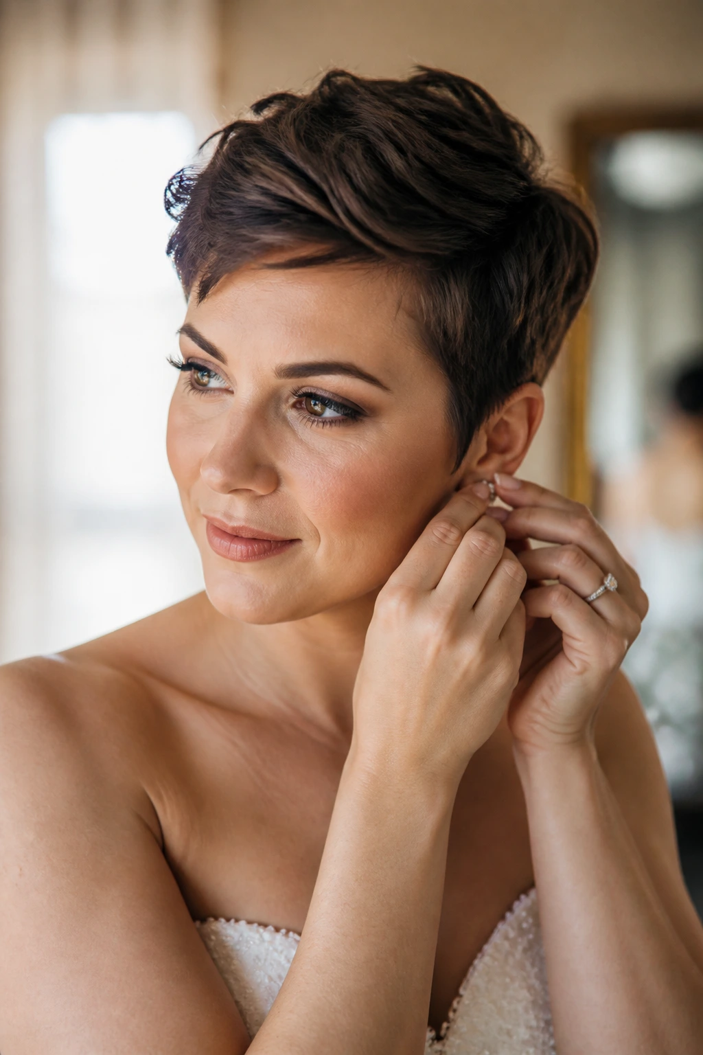 Close-up of a real bride with a polished pixie cut in a bridal dressing room with warm light