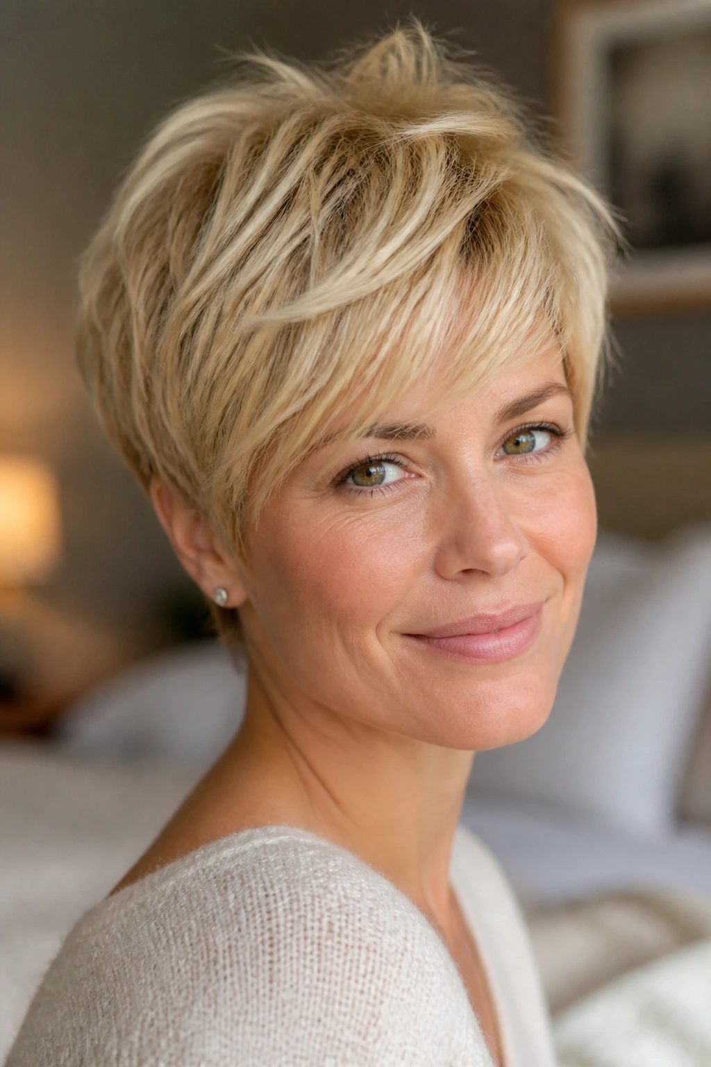 Real woman with a feathered butter-blonde pixie showing airy crown and soft fringe