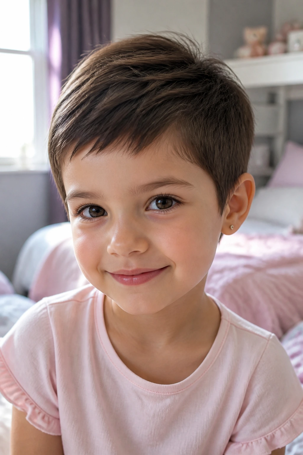 Close-up of a real girl with a pixie cut in warm window light