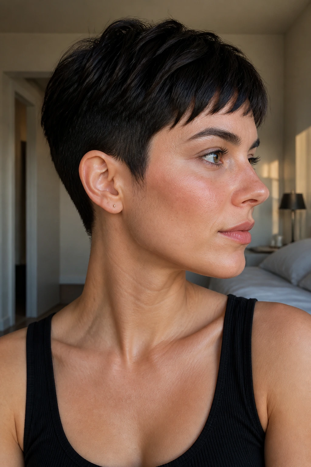 Close-up portrait of a real woman with a pixie cut showing clean lines along the hairline and nape in natural window light