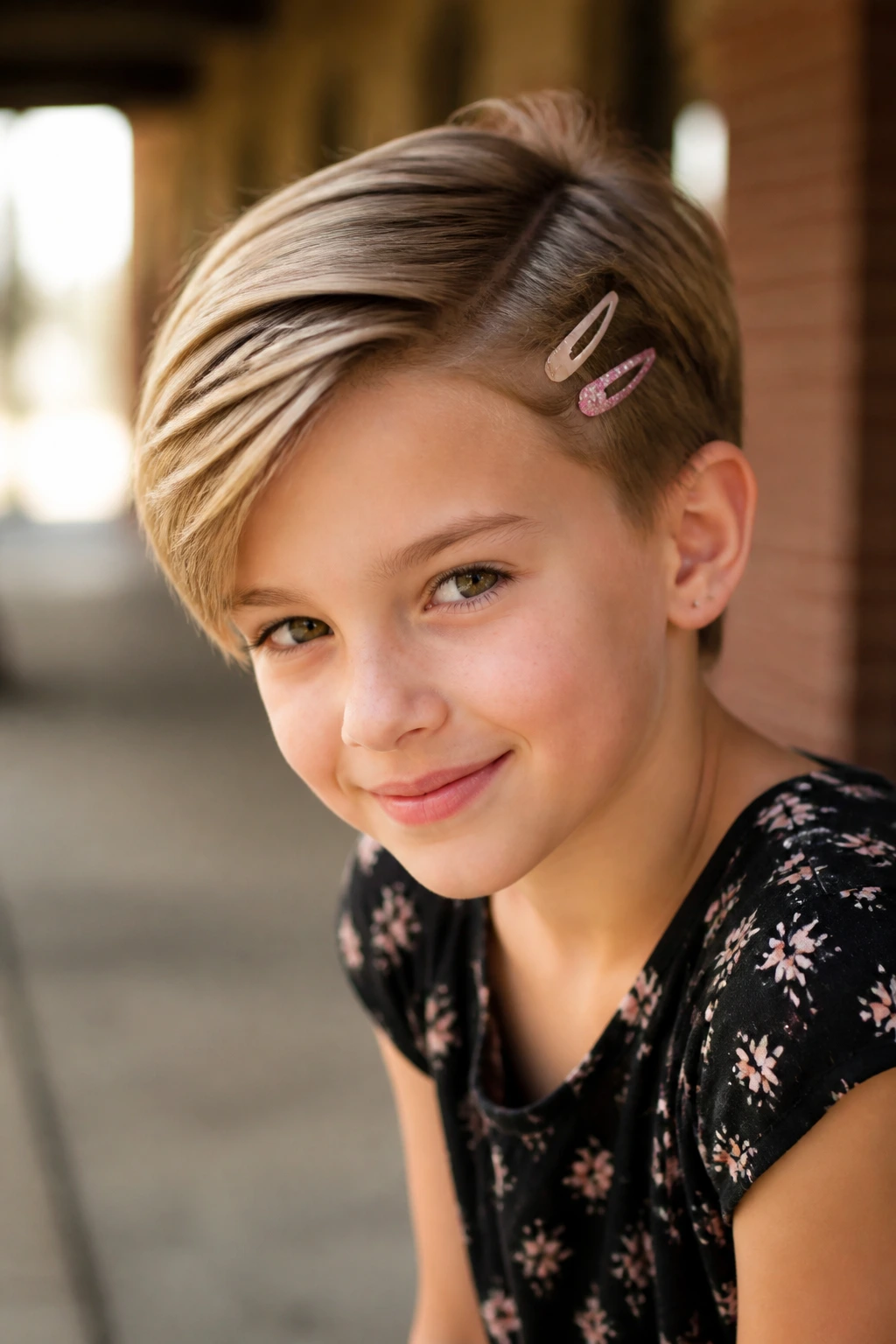 Side-swept pixie cut held with clips on a real child