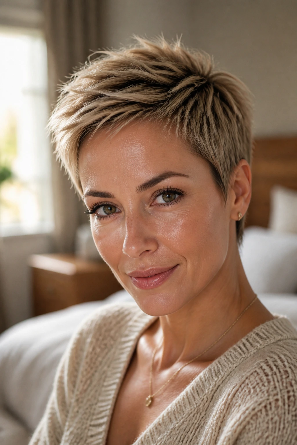 Close-up portrait of a real woman with a pixie cut showing crown lift and defined ends in warm window light