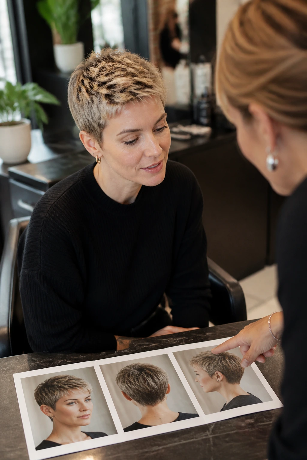 Portrait of a client in a salon, with three reference photos on the counter showing different pixie angles.