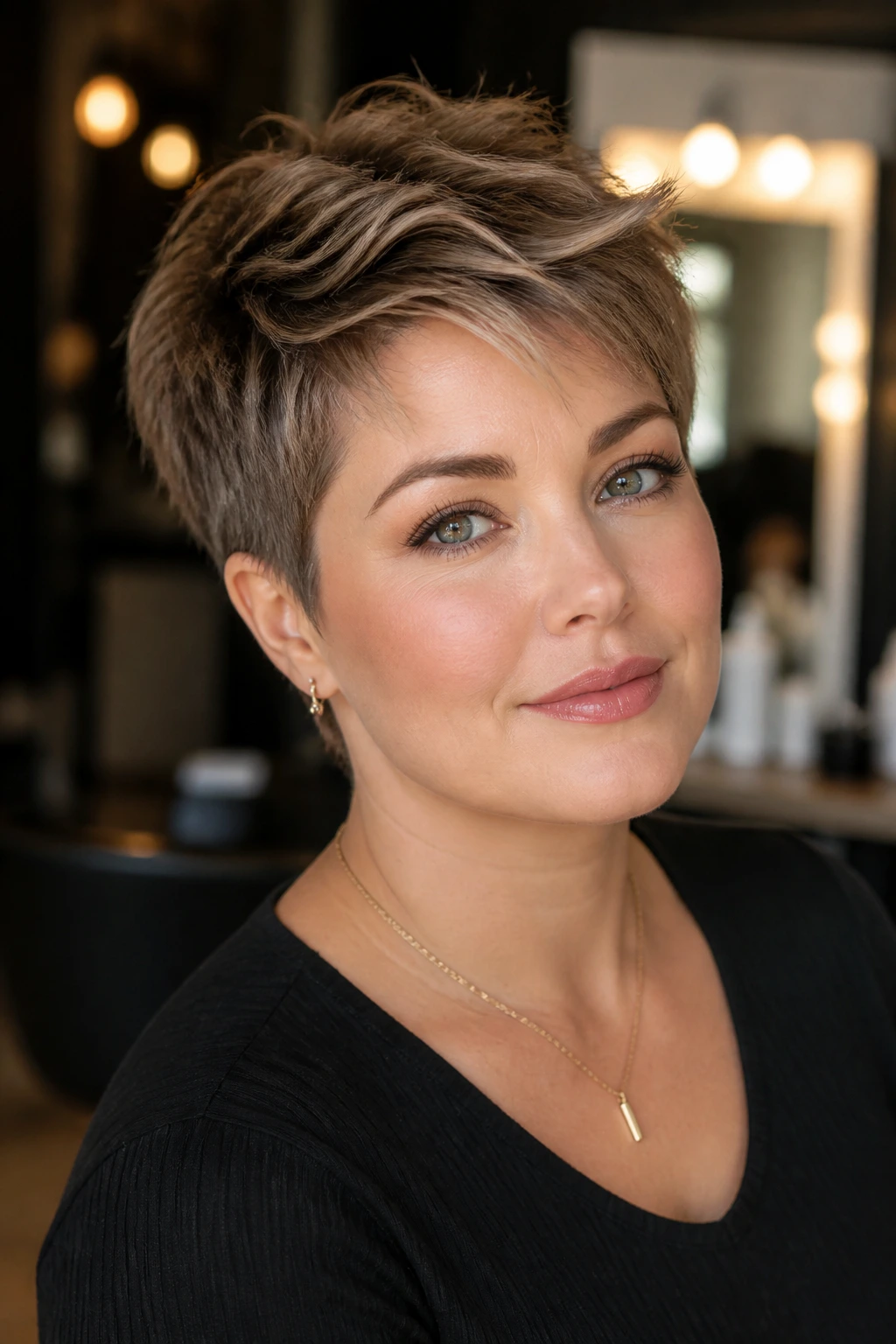 Close-up portrait of a real woman with a high crown pixie cut and tapered sides showing front movement