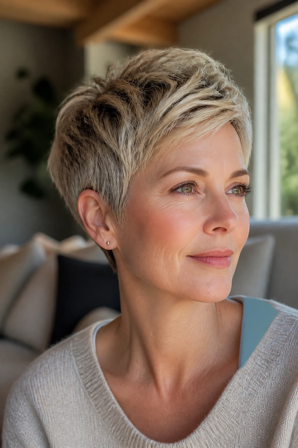 Close-up portrait of a real woman with pixie cut showing crown lift and fullness