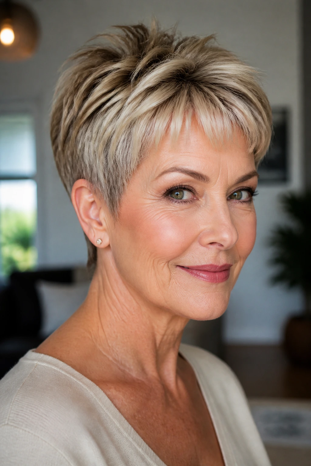 Portrait of a real woman with a balanced pixie cut highlighting crown lift and tapered nape.