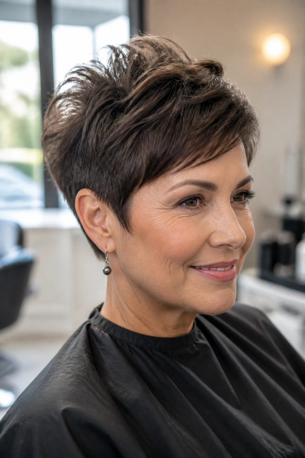 Close-up portrait of a woman with crown-volume pixie and lifted crown.