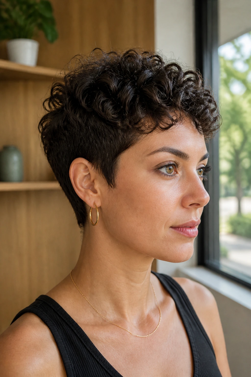 Close-up of a real person with a soft tapered pixie haircut under natural light
