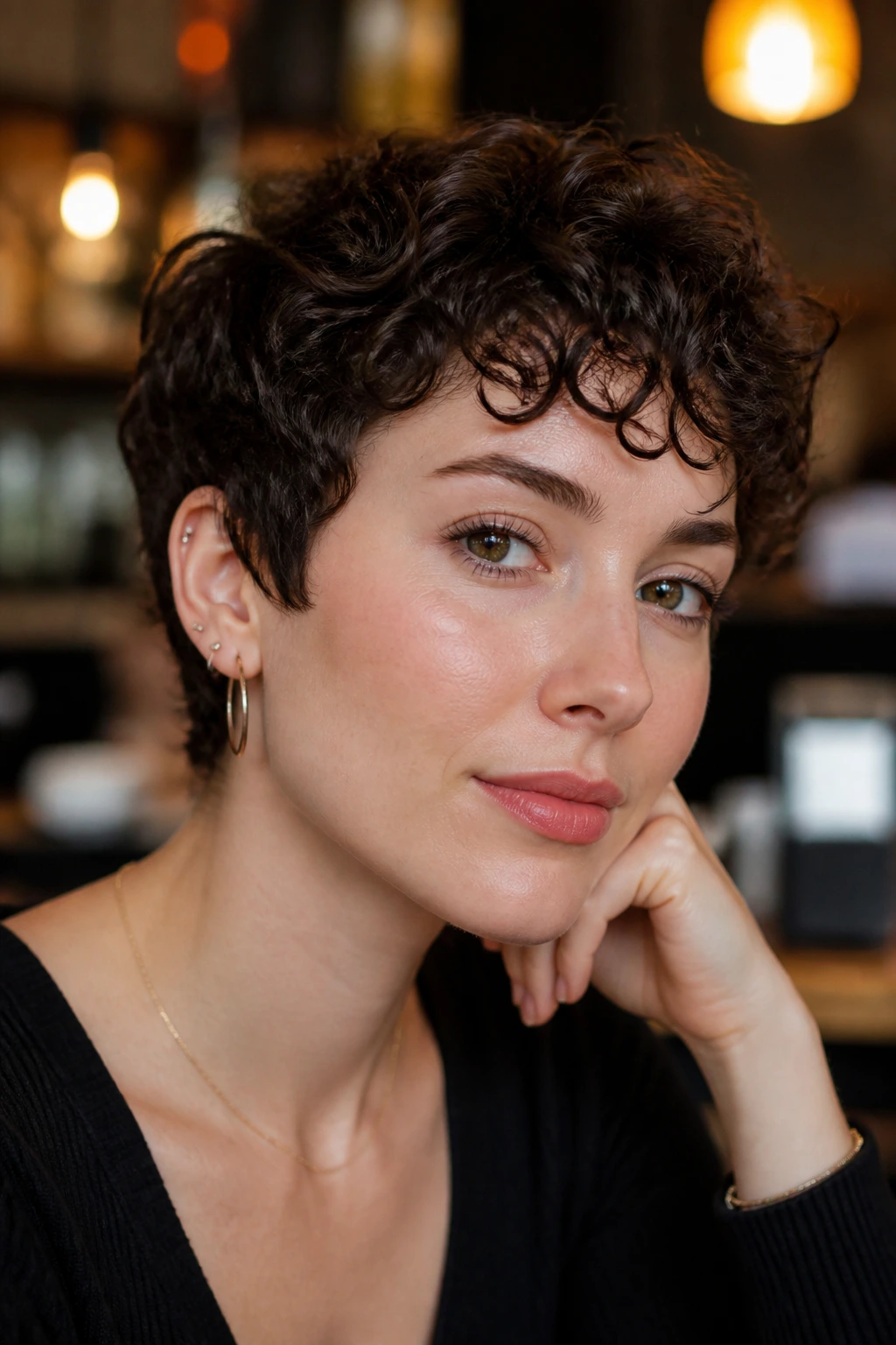 Real person with curly baby bangs and pixie cut in warm cafe light