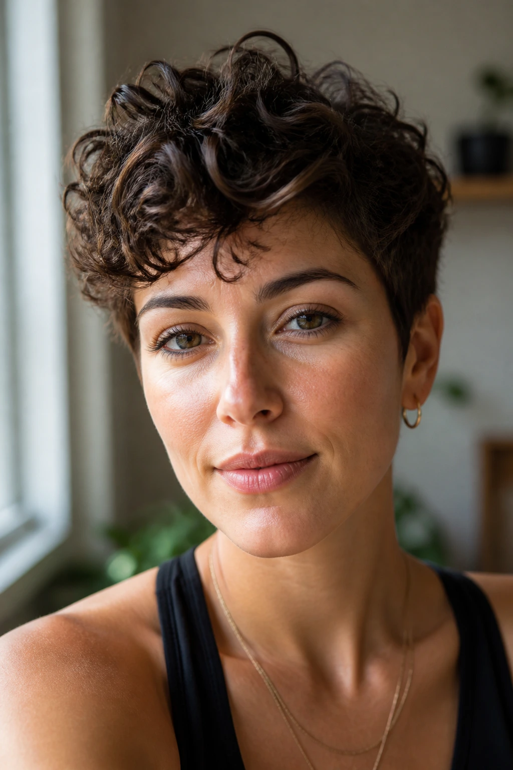 Portrait of woman with curly pixie cut showing lift and shape