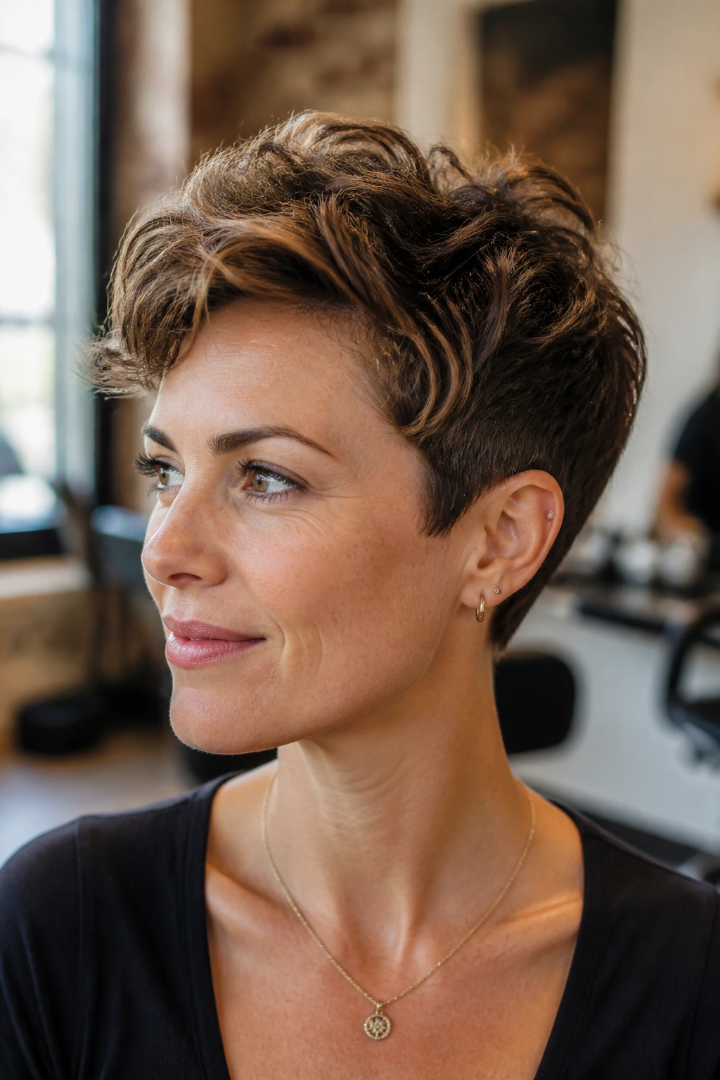 Close-up portrait of real person with pixie cut featuring crown lift in a salon