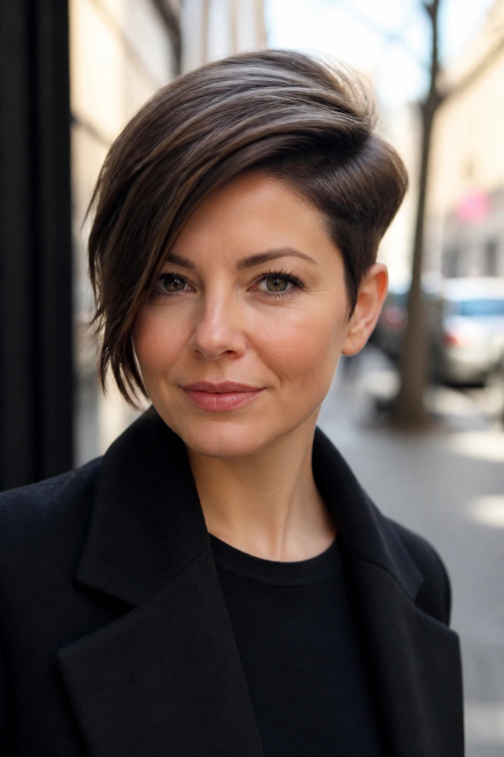 Close-up of a woman with a deep side-part pixie and a sweeping longer side.