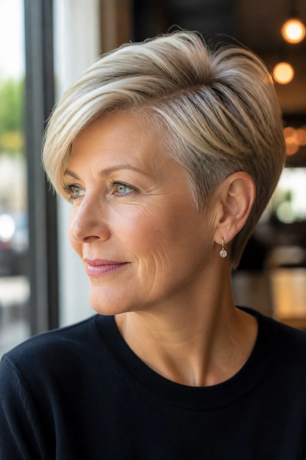 Portrait of a woman with a deep side-part tapered pixie showing lift at crown