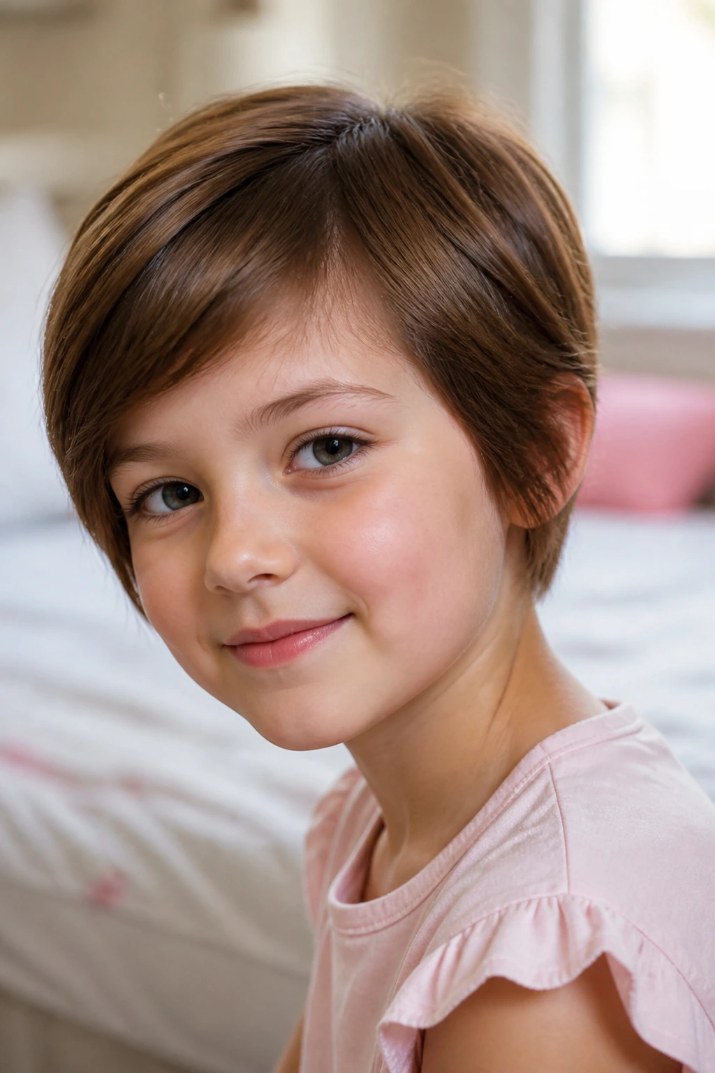 Girl with long pixie cut ear coverage portrait