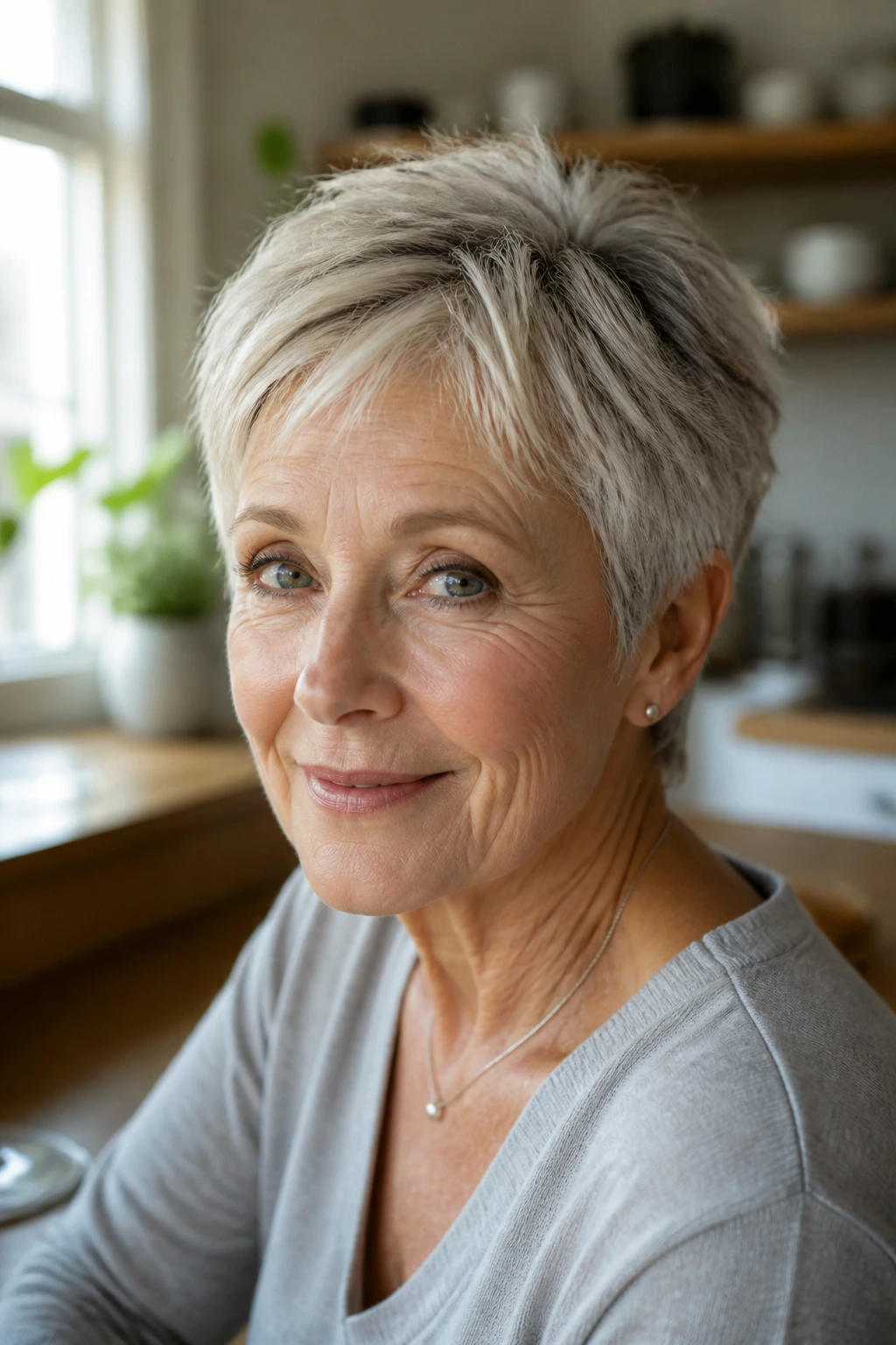 Close-up portrait of a real woman over 60 with a practical pixie cut in a cozy kitchen setting
