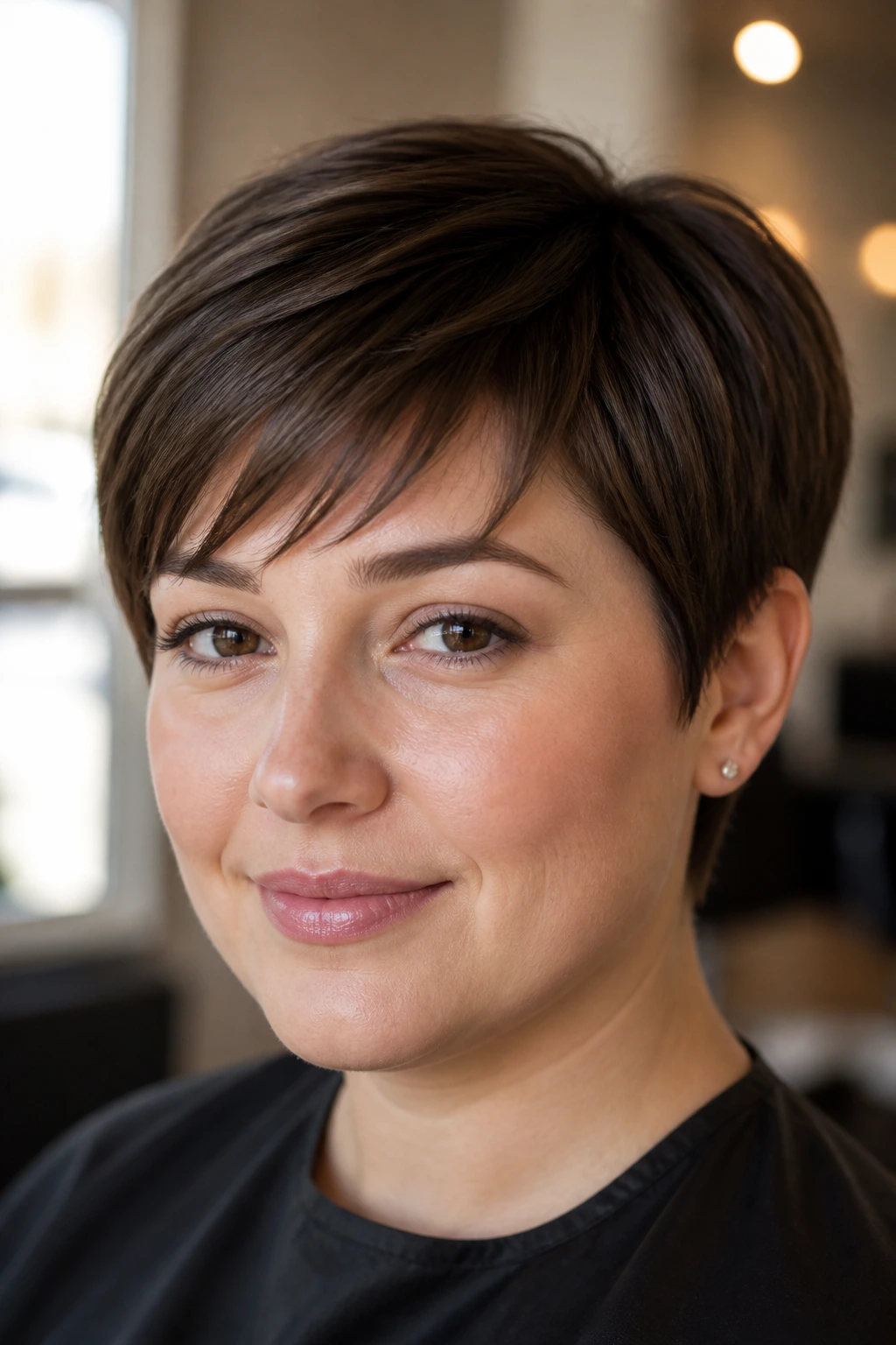 Close-up portrait of a real woman with a round-face friendly straight pixie cut and diagonal fringe