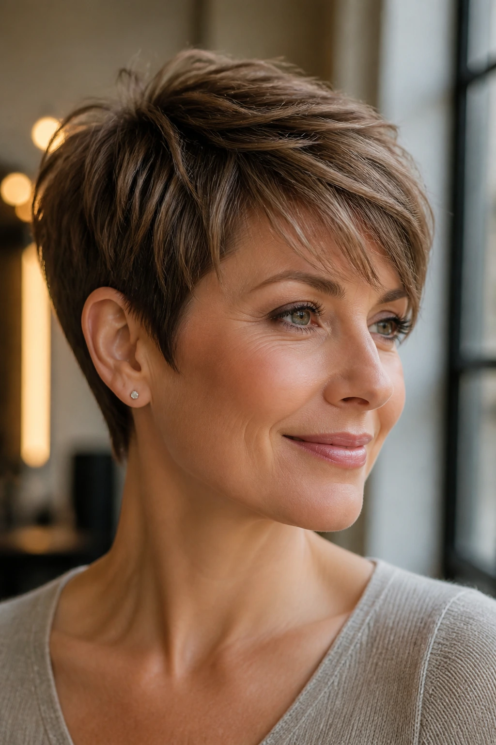Portrait of a person with a pixie cut chosen for face shape and texture