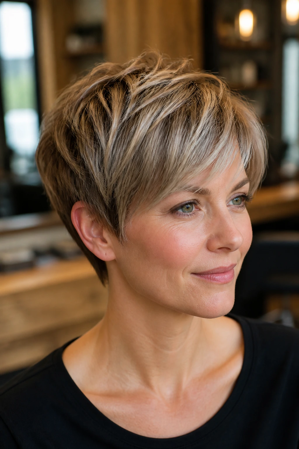 Close-up of a real woman with a fine-hair lift pixie cut showing crown-length.