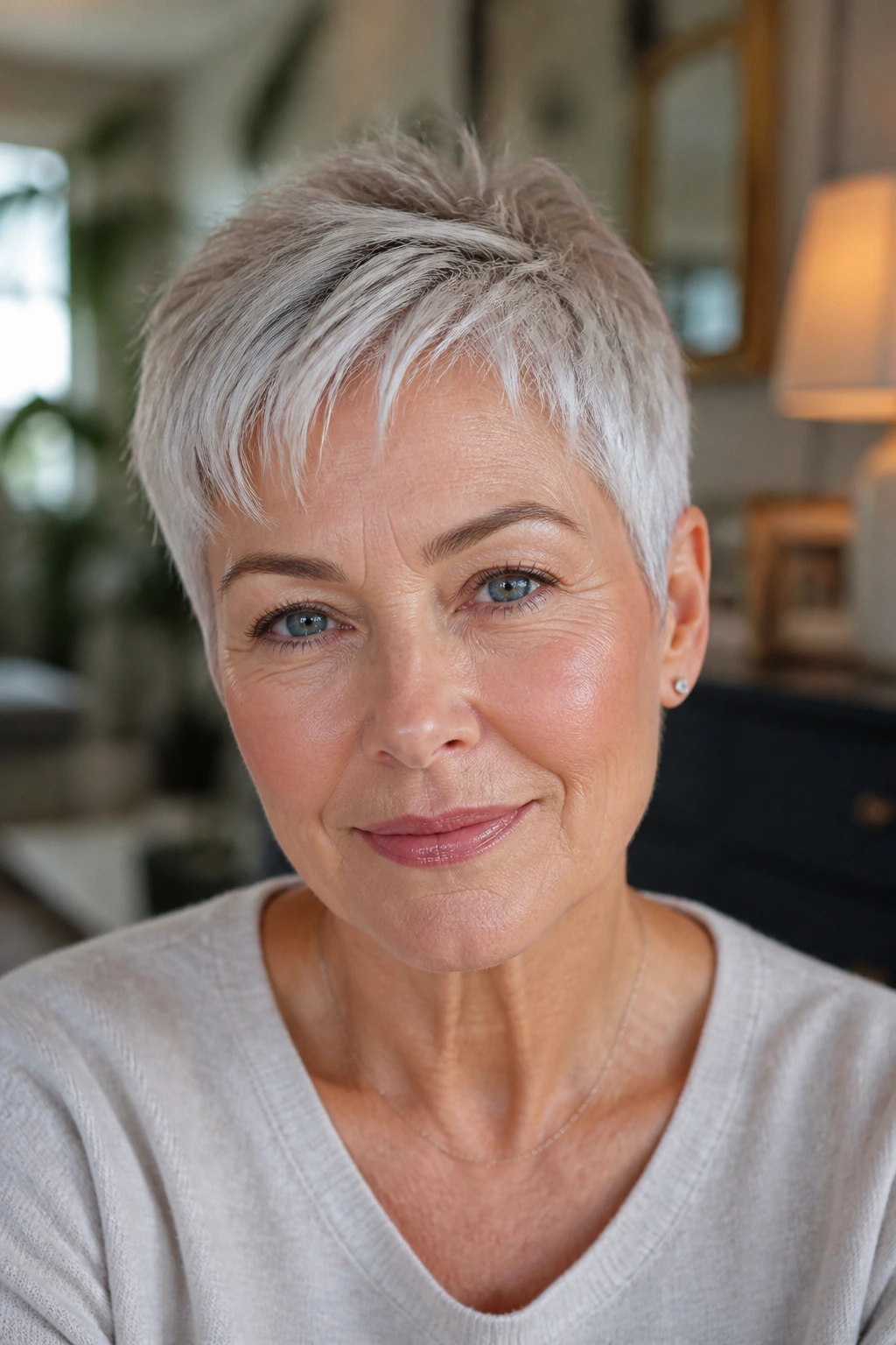 Close-up portrait of a real woman with pixie cut showing a crown lift in warm window light