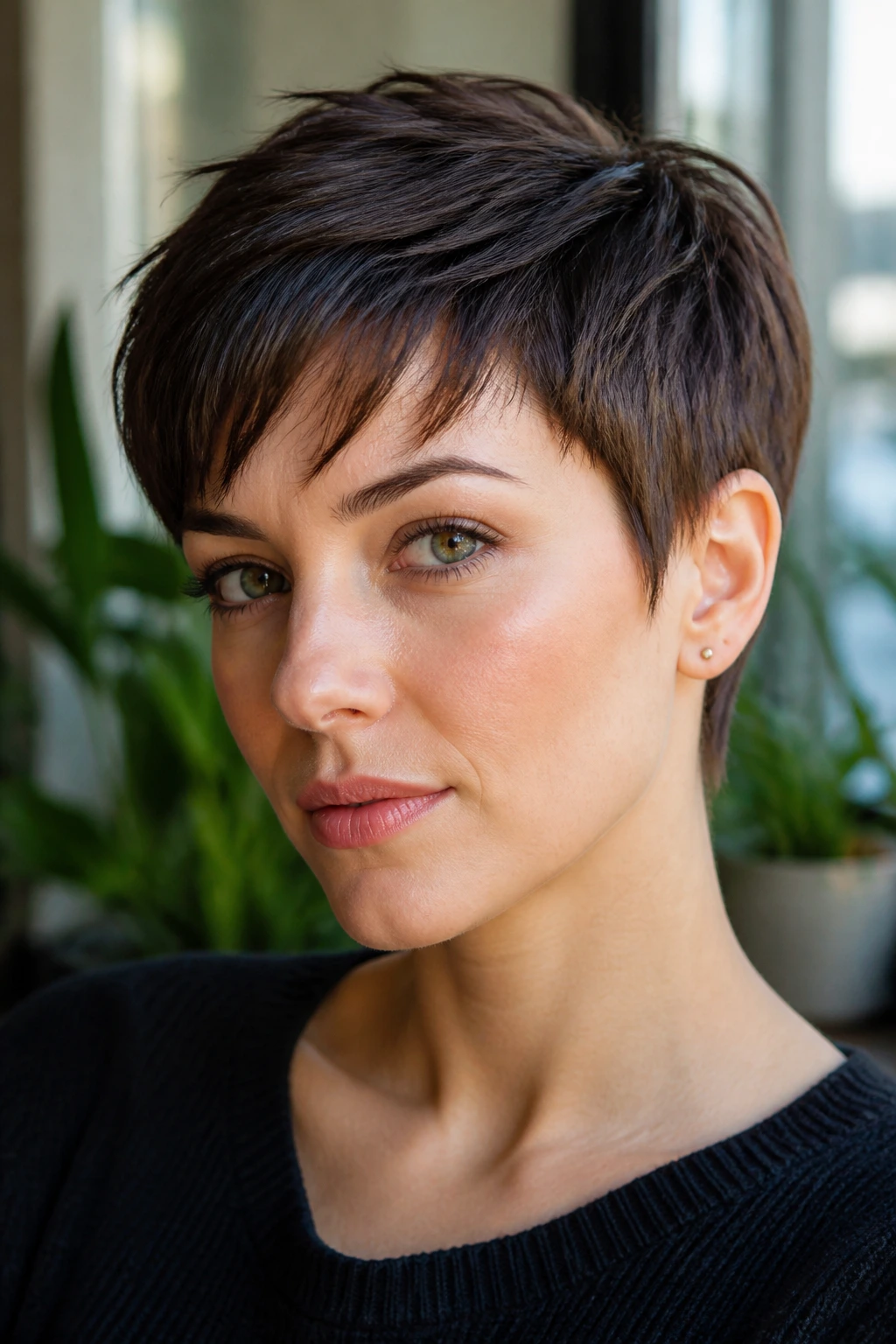 Close-up portrait of a real woman with crisp pixie-cut lines changing the frame