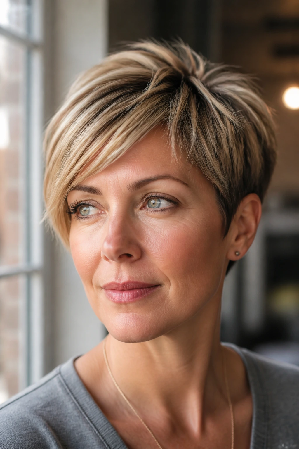 Close-up of a real woman with pixie cut and pieced fringe