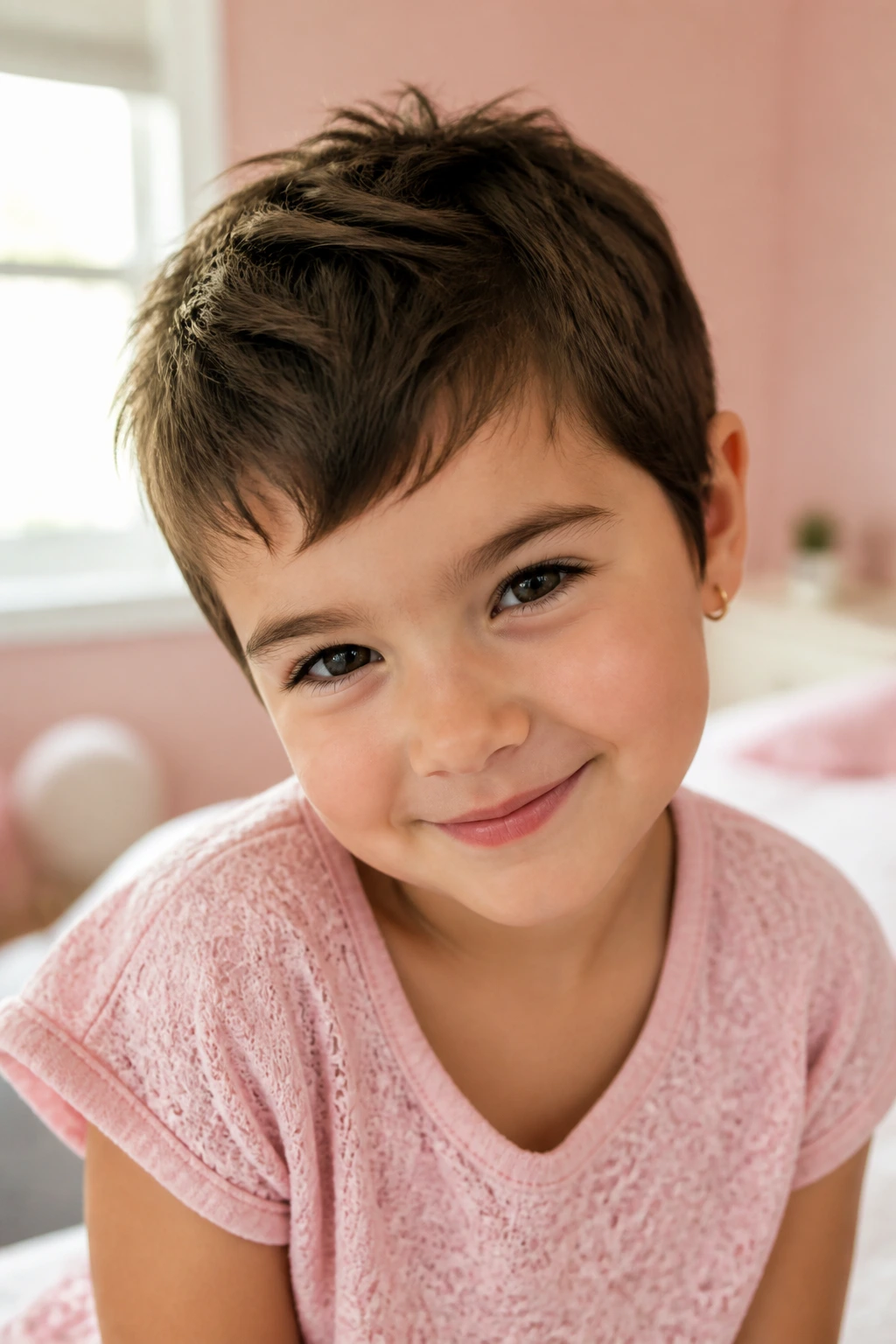 Close-up portrait of a real young girl with a pixie cut in a cozy bedroom with warm window light