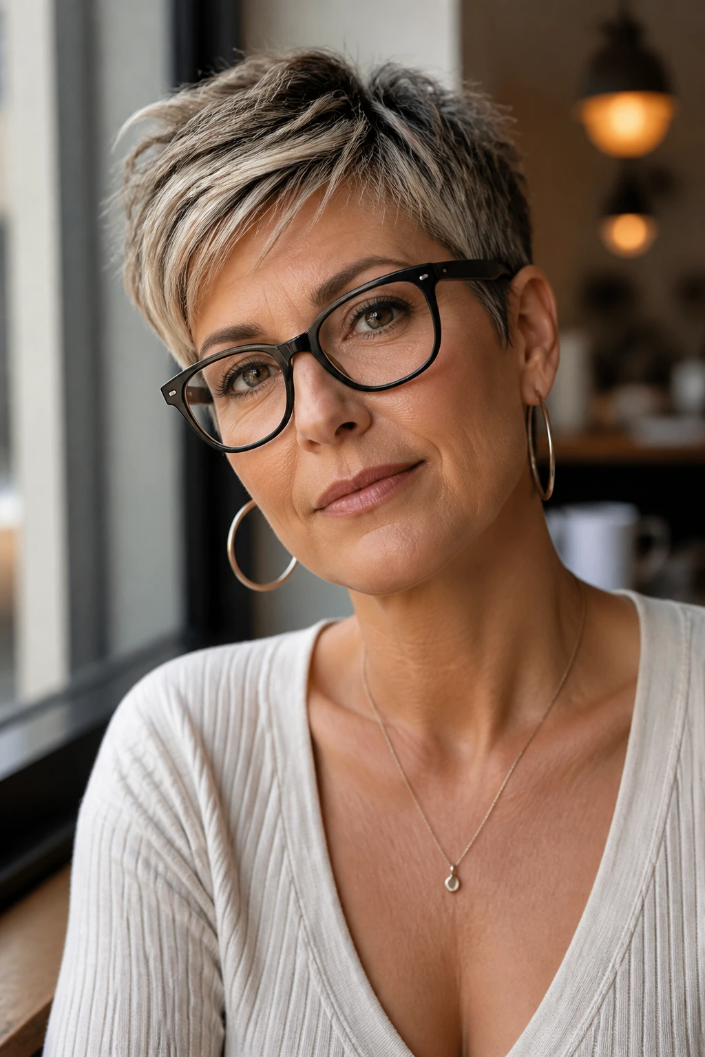 Portrait of a real woman with a pixie cut wearing glasses and earrings in a cafe setting