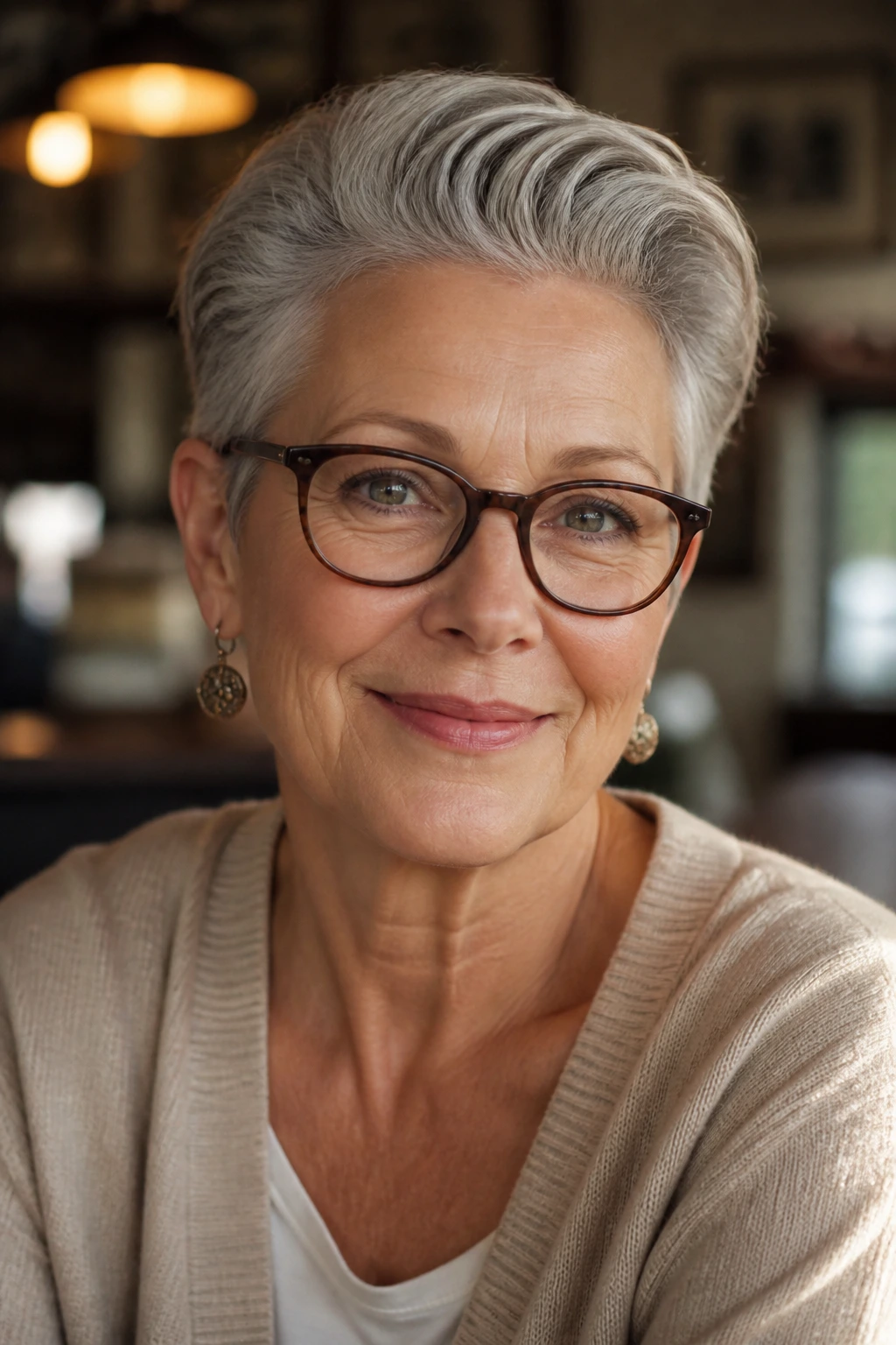 Close-up portrait of a real woman with a brush-back pixie and glasses