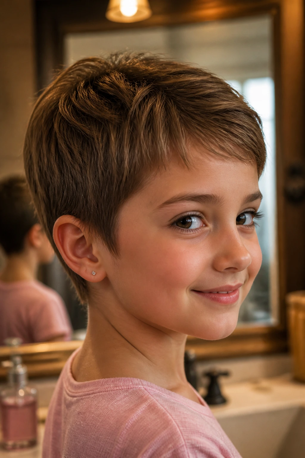 Portrait of a girl with a pixie cut showing grow-out planning in a home setting