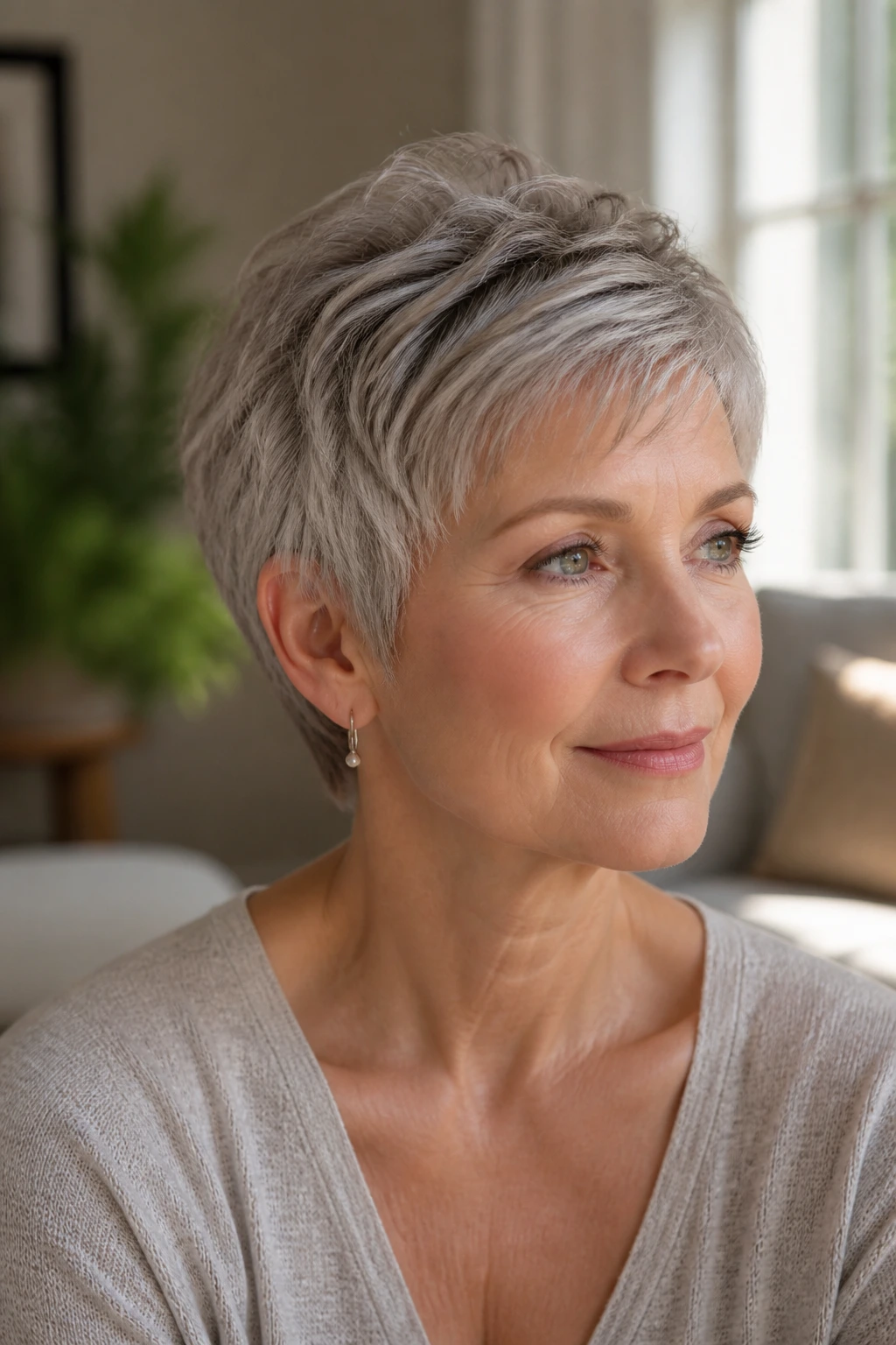 Close-up of a real woman with a pixie cut that grows well, hair softly layered and framing the face with natural light