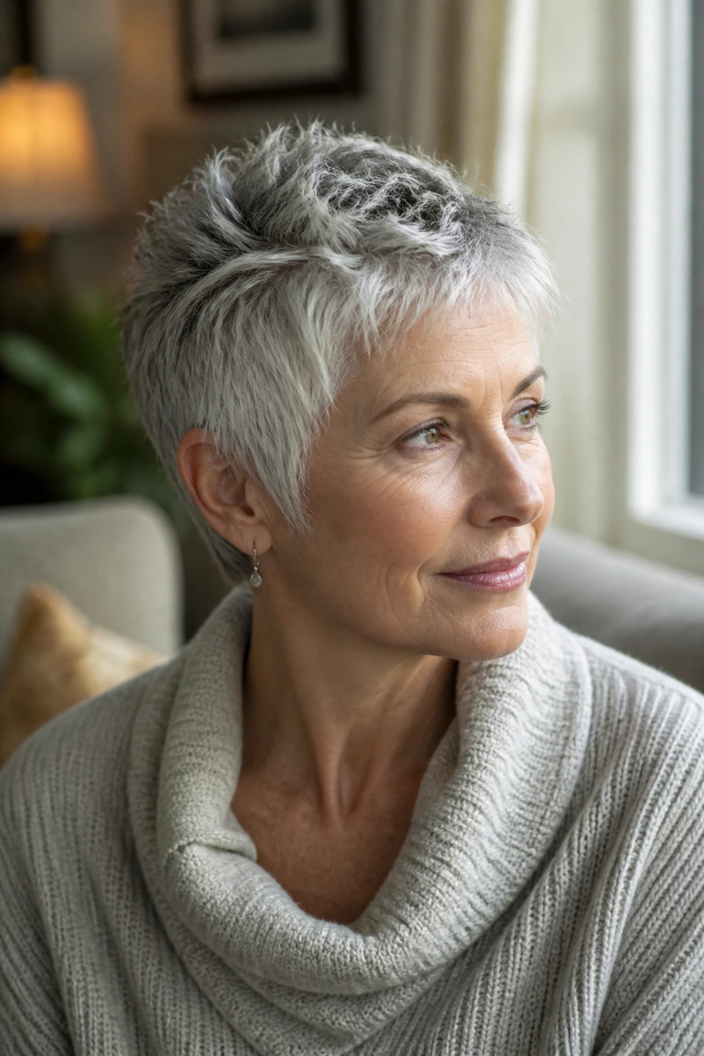 Close-up portrait of a real woman with a textured pixie cut showing crown lift and varied texture in warm daylight.