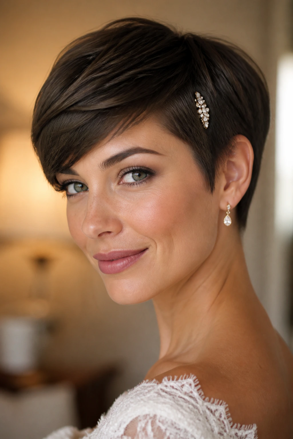 Pixie cut with jeweled clip sweep close-up portrait