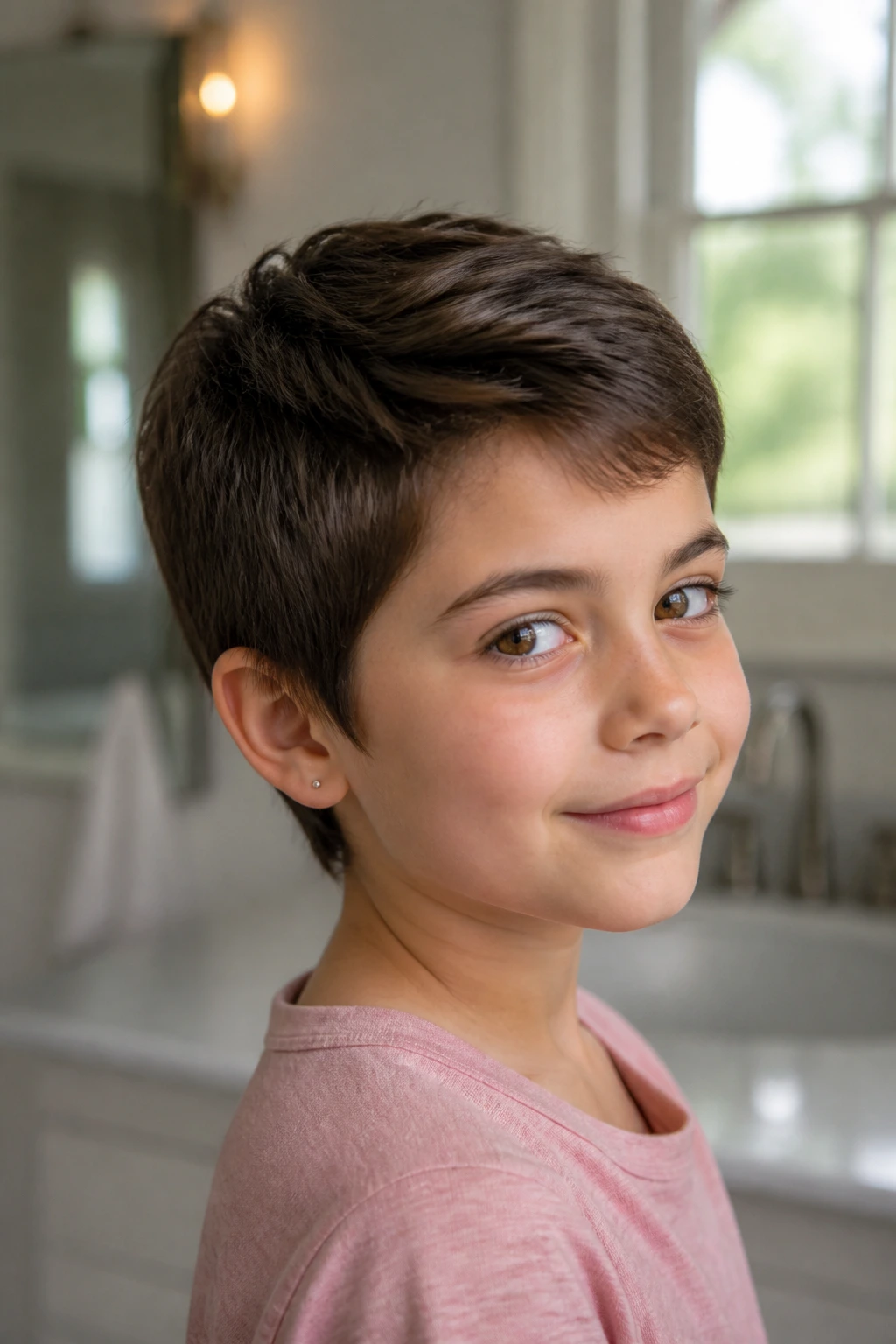 Close-up portrait of a real child with a classic pixie cut in a softly lit home setting