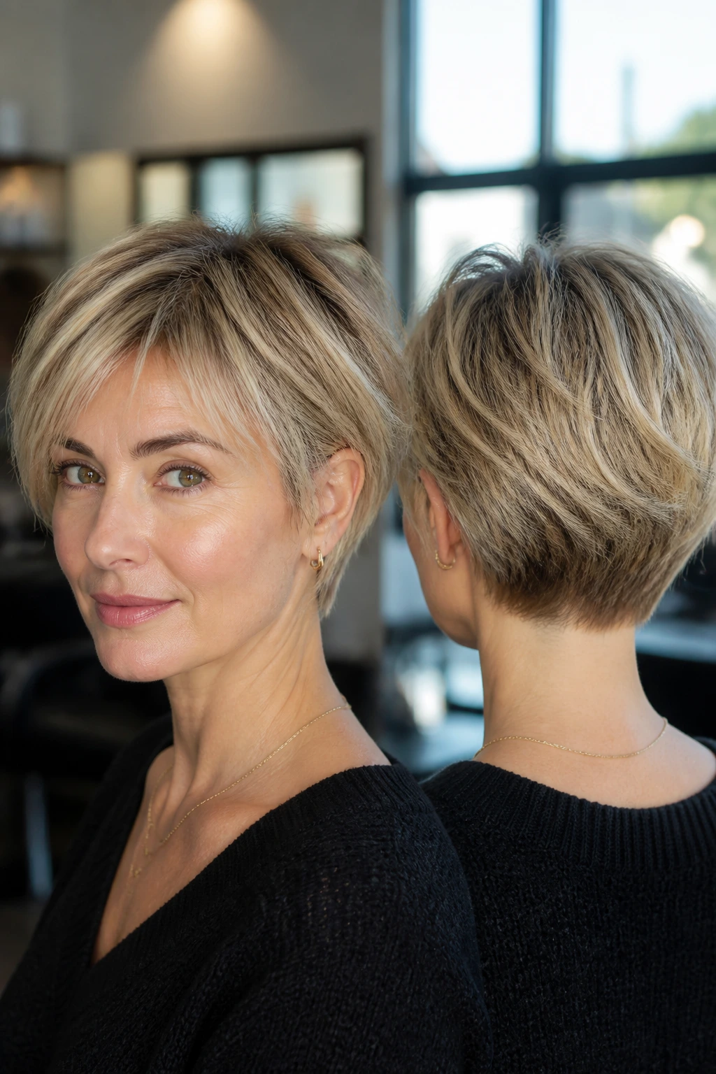 Portrait of real woman with pixie bob showing layered perimeter in salon light.