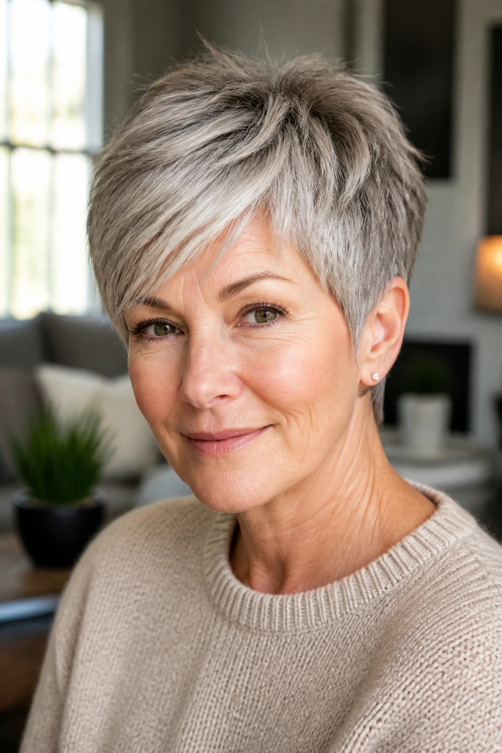 Portrait of a real woman with a lifted crown pixie cut for thin hair over 50.