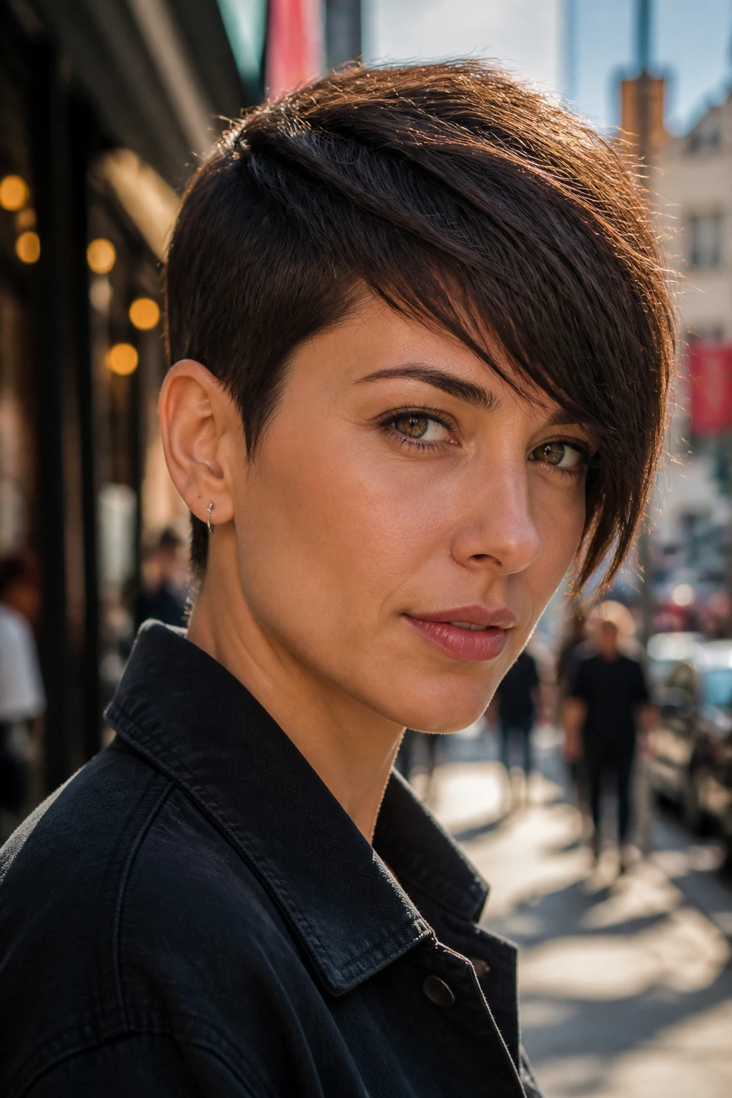 Portrait of a real person with a micro-offset pixie and long bangs.