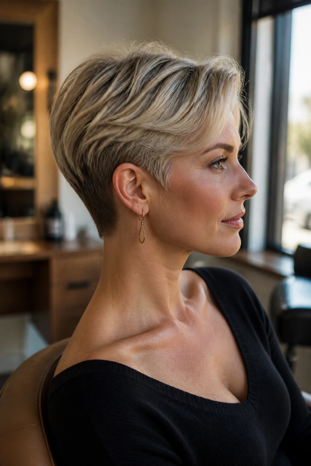 Close-up portrait of a real woman with tapered nape pixie, long crown, warm salon lighting.