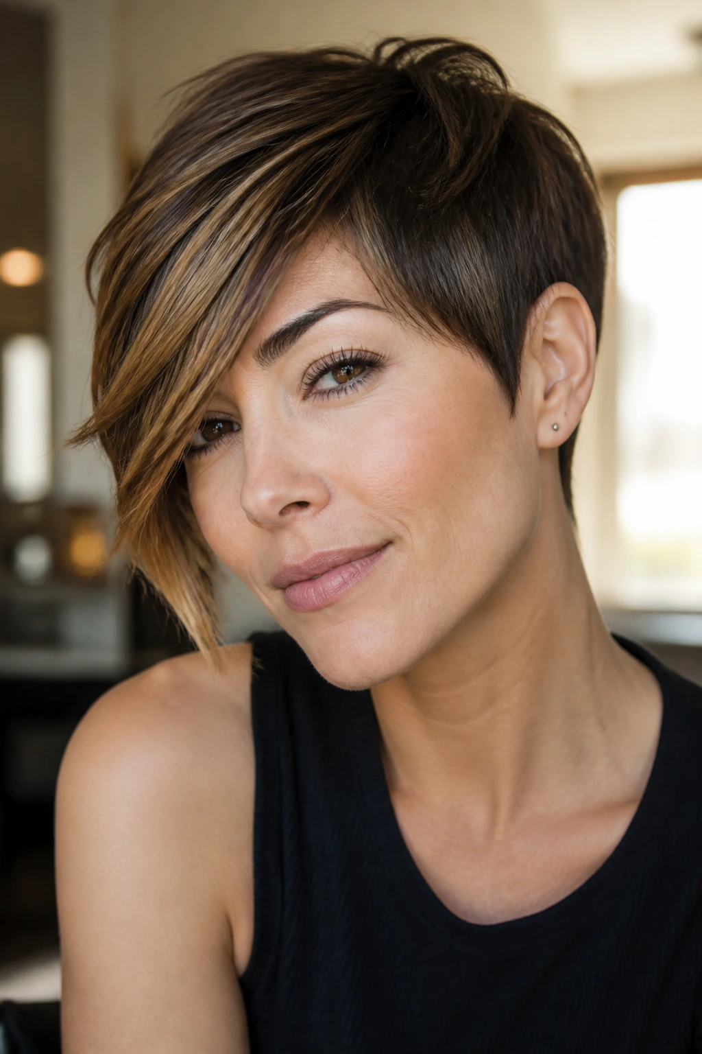 Close-up of a woman with long-front pixie sweep