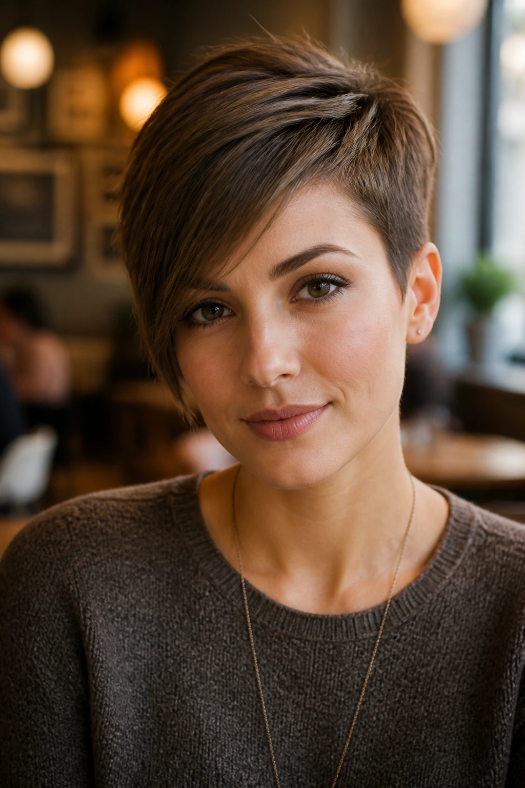 Close-up portrait of a real woman with a pixie cut and long swept fringe