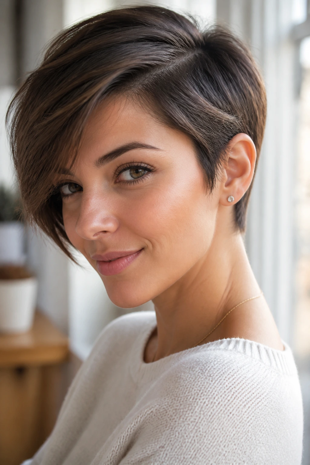 Portrait of a person with side-parted pixie and long fringe