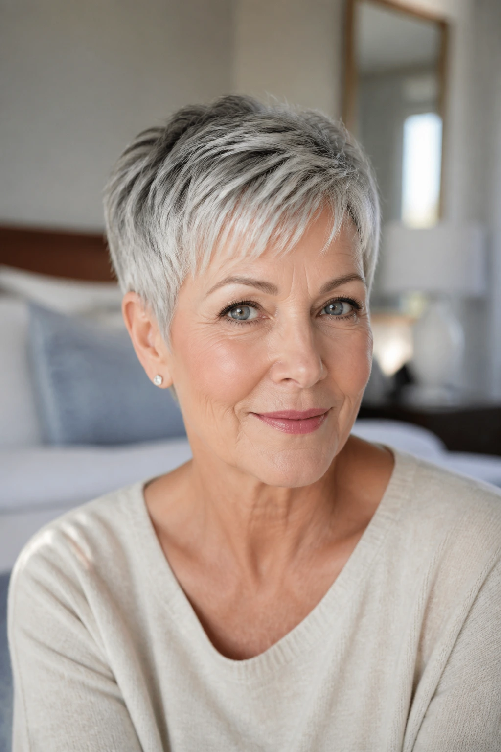 Portrait of a real woman with a neat pixie and refined neckline in a bright bedroom.