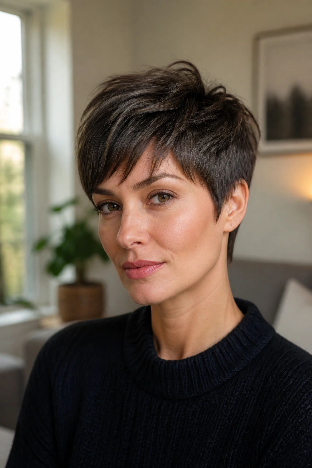 Real person with a crisp pixie cut in a home setting illustrating shape retention between visits.