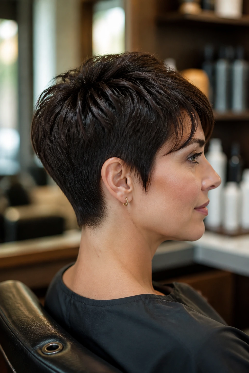 Close-up portrait of a real person with a pixie cut in a salon chair