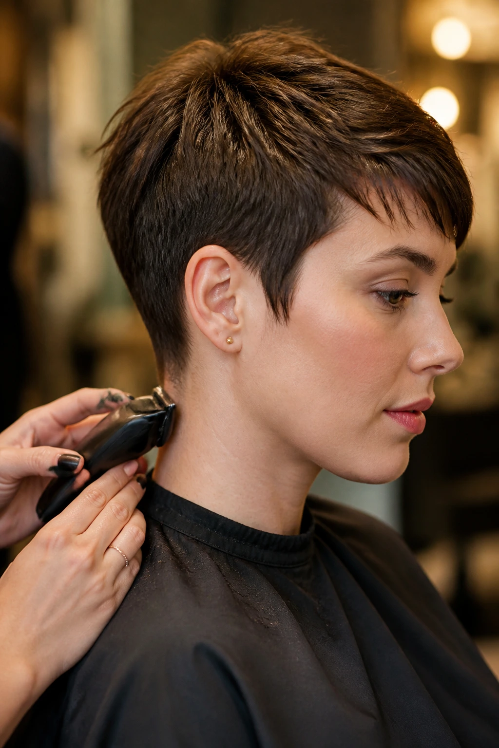 Close-up portrait of a real woman with a pixie cut during neck and fringe trim in a salon
