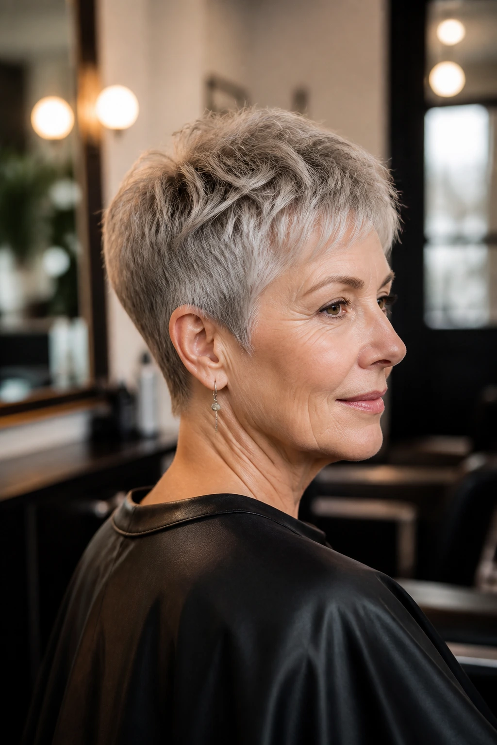 Portrait of a woman with pixie cut in a salon chair showing fresh trim.