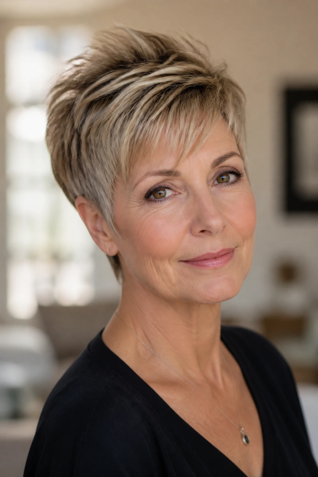 Close-up portrait of a woman with a tailored pixie cut highlighting fringe and crown.