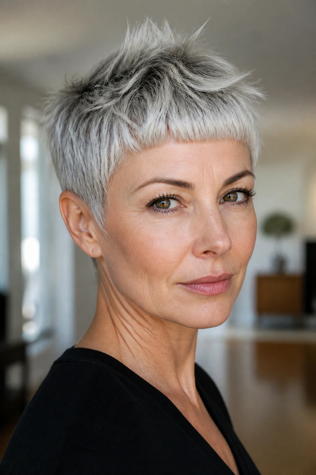 Close-up of a real woman wearing a choppy pixie with a micro fringe