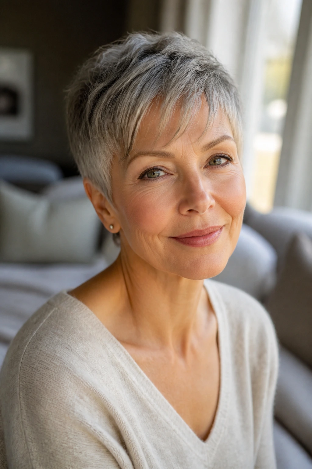 Close-up of an older woman with a soft pixie cut framing eyes and cheekbones