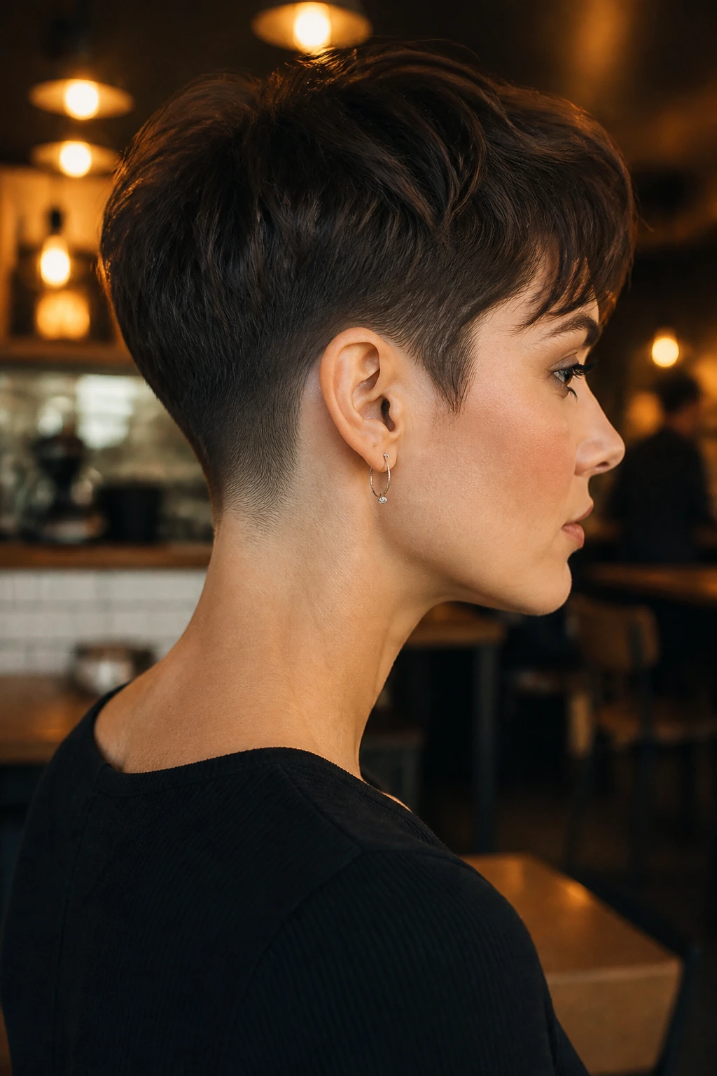 Portrait of a woman with a pixie cut and sharp nape shave
