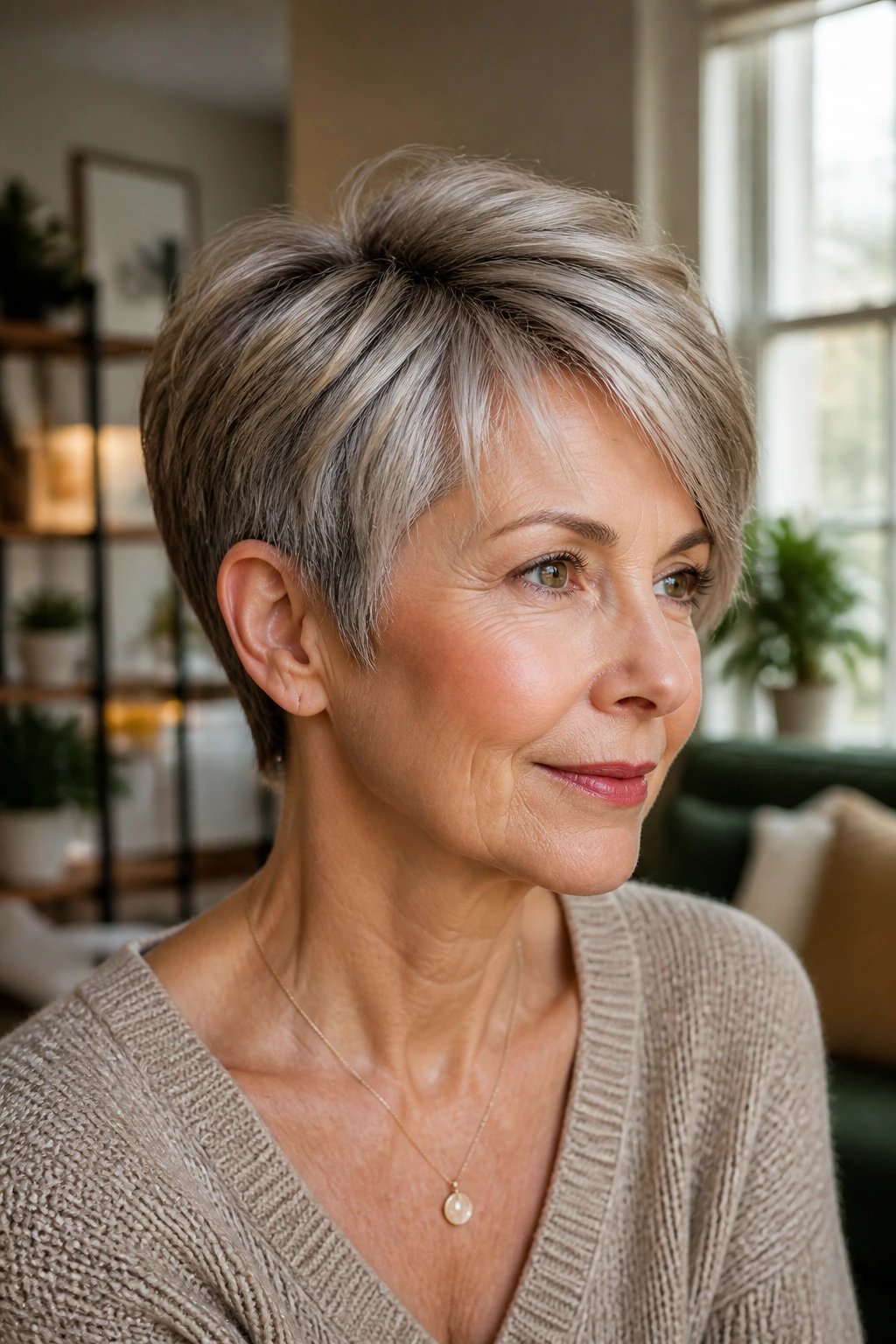 Portrait of a real woman with a pixie showing off an off-center part for subtle lift.